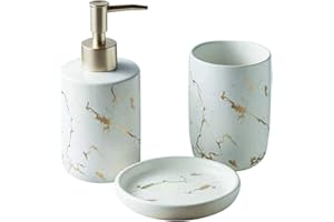 FülleMore Ceramic Bathroom Accessories Set Luxury Marble Look 3-Piece Bathroom Accessory Set Soap Dispenser Soap Dish Toothbrush Cup (White)