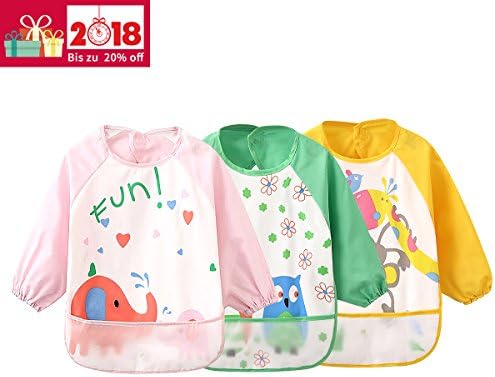 3 pieces Waterproof Sleeved Bibs Wet Weathering Baby Bibs Baby Bibs Long Arm - Food and Play Smock Apron for toddlers from 6 to 36 months