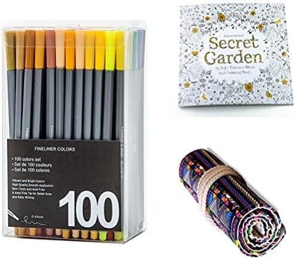 TOPmore Fineliners 36/60/100 Colors Optional, Fineliners 0.4 mm, Coloured Pens ,Canvas Roll Up Pouch Case + Colouring Book