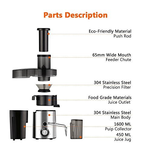 Homdox Entsafter Edelstahl Juicer Extractor Elektrisch Automatisch, 2 Geschwindigkeiten, für Obst und Gemüse mit Saftbehälter, 350 Watt - 2