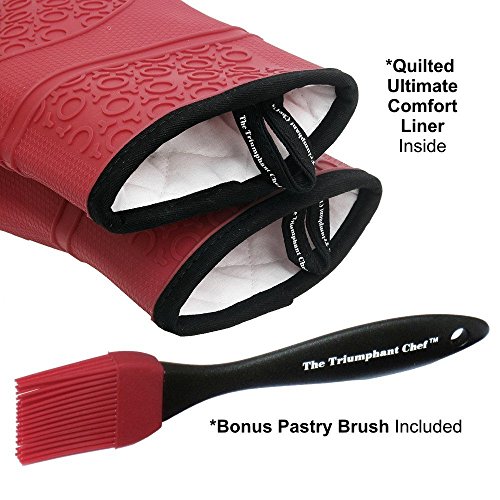 The Triumphant Chef Super Flex Silikon Ofenhandschuh, wattiertes Deluxe-Futter, 1 Paar, Dunkel-Rot, Gratis Saucen-Pinsel - 3