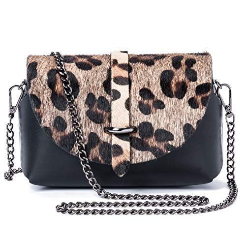 Ira del Valle, Modello Berlin, Borsa a Tracolla Donna Ragazza, Pochette Elegante Moda a Spalla con Catena, Piccola Borsetta a Mano, Clutch in Vera Pelle e Cavallino, Made in Italy, Ghepardo+Nero
