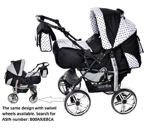 Baby Sportive Kamil, Kombikinderwagen set – incl. Kinderwagen mit Zubehör, Babyschale und Sportwagen Aufsatz. System mit RÄDER NICHT SCHWENKBAR. Reisesystem Farbe: Schwarz und Schwarze Punktmuster - 2
