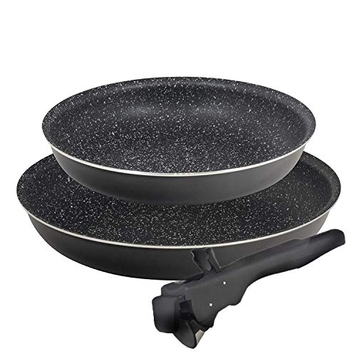 Click & Cook Le Originali 31600 Lot de 3 poêles Anti-adhésives en Pierre de Lave Noire avec Manche Amovible pour Plaque à gaz, Four et Induction