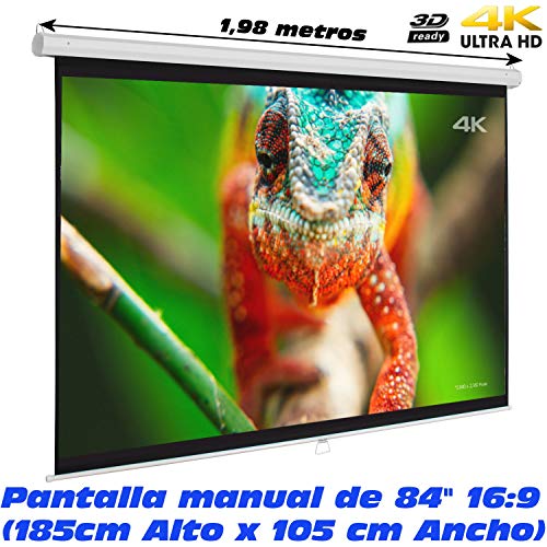 Pantalla de proyeccion Manual Luxscreen 84" Pulgadas, Formato 16:9, área Visible Blanca 185 x 105cm , cajetin de 1,98 Metros
