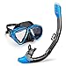 Produktbild INTEY Schnorchelset Schnorchelmaske mit Anti-Fog Taucherbrille und Dry Schnorchel inkl. Ausblasventil und Anti-Fog Tachermaske aus Gehärtetem Glas für Erwachsene und Kinder, Blau/Schwarz