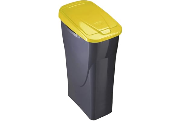 M-Home | Poubelle de Tri Sélectif | Plastique | Argenté + Couvercle Jaune | 21,5 x 36 x 51 cm / 25 L | ECOBIN COLOR 25 | PLS8086-19