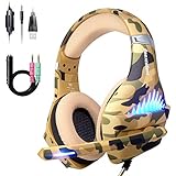 Comfortable PS4 Gaming Headset, Professional 3.5mm Headset with Rotatable, Noise Reduction Mic for PS4, Nintendo Switch,Xbox One, PC, Laptop, Mac,Smart Phone(Over-Ear And LED Lighting) (Camouflage)