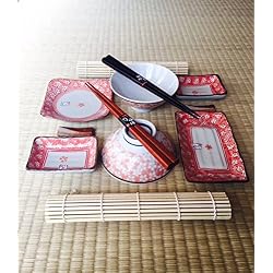 COFFRET REPAS spécial JAPONAIS - Motifs Fleurs de Cerisier - Teinte Rouge