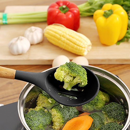 Miusco 5 Stück Silikon Kochlöffelset mit Hartholz Griff aus Natürlichem Akazienholz Schwarz - 4