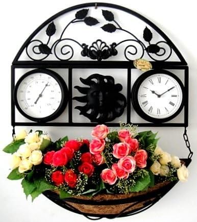 WALL CLOCK SUN WITH THERMOMETER AND FLOWER HOLDER CAST IRON WEATHER STATION INDOOR AND OUTDOOR - Tinas Collection