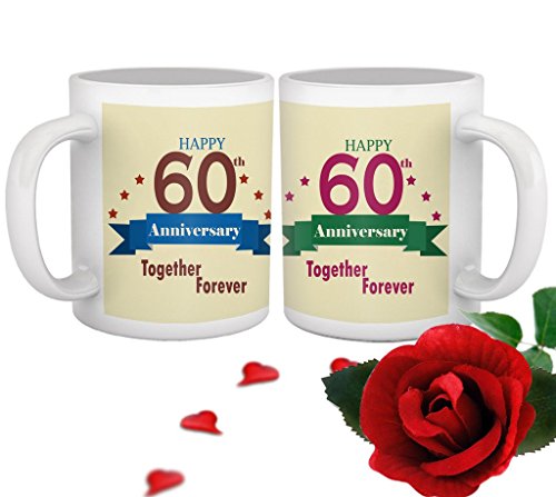 TIED RIBBONS 60th Marriage for Parents Father Mother Grand Father Grand Mother Collegue Relatives Set of 2 Printed Coffee Mugs with Rose(325ml Each,Multicolor)