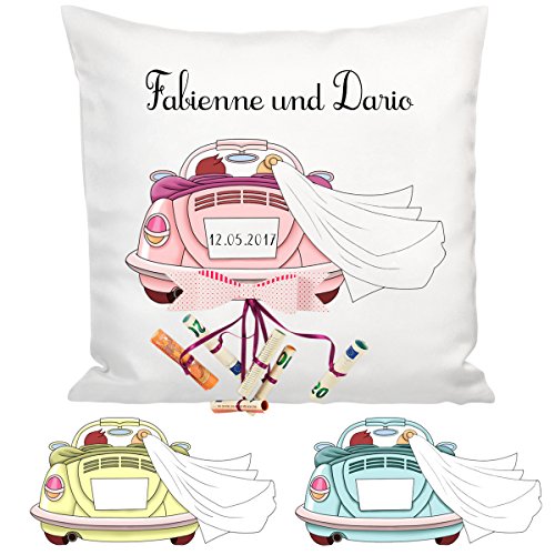 Geschenke 24: Personalisiertes Kissen Hochzeitsauto für Geldscheine (Türkis) – persönliches Hochzeitsgeschenk – Geldgeschenk – romantisches Zierkissen zur Hochzeit - 4