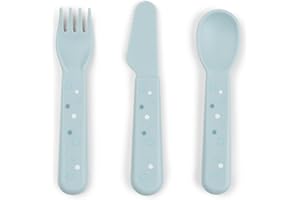 Done by Deer Foodie Baby und Kinderbesteck Set Happy dots Blau - abgerundete Kanten, passt perfekt in kleine Hände - 100% PP in Lebensmittelqualität - süße Taufgeschenke jungen