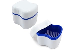 FUXUNAMZ Caja de prótesis dentales tercera almacenamiento, 2pcs caja de dientes de la dentadura de plástico PE, copa de ortodoncia con cesta de filtro colgante, caja de prótesis dentales capa (Blanco/Azul)