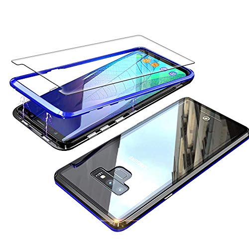 Case for Samsung Galaxy Note 9,Ultra Thin Metal Frame Case,Magnetic Adsorption Aluminum Alloy Flip Cover,9H Tempered Glass Back Cover Phone Case Clear Black blue,with Screen Protector