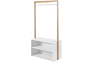 Casâme Penderie en Bois avec Rangements - Bambou - Portant pour Vêtements - Rangement Chaussures - 2 Cases - Blanc et Bois - Meuble d'Entrée - Chambre - 90 x 40 x H171 cm