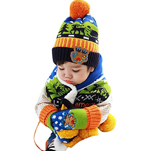 iikids®Baby Boys/Girls Winter Beanie Cap Childrens Warm Wool Knitting Hem Lined Fur Pom Pom Hat+ Scarf+ Mittens 3 in 1 Set for Kids 8-12M/1-2T/2-4T/4-8T