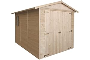 ‎TIMBELA Holzgarage - Abstellraum mit Fenstern- H222x244x320 cm/ 6 m² - Plattenkonstruktion aus Naturholz - Gartenwerkstatt - Auto- und Geräteschuppen -TIMBELA M105