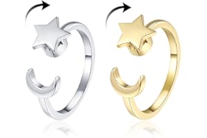 OGLYMRA Bague Anti-Stress Moderne Tournante pour Femme et Enfant - Étoile et Lune (Or + Argent)