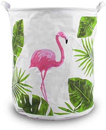 TuoOh Large Sized Waterproof Folding Cylindric Burlap Cotton Fabric Toys Storage Basket Laundry Basket with Flamingos Design (40cm Diameter x 50cm Height)