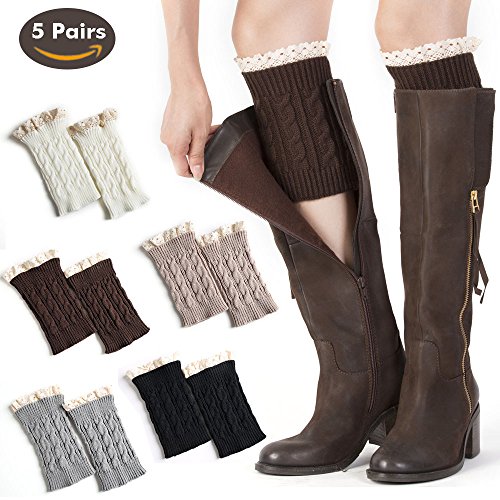 Preisvergleich Produktbild NEEDOON Damen 5 paar Stricken Socken Spitze Stulpen Kurzer Boot Abdeckung