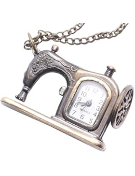 81stgeneration Jahrgang -Stil Nähmaschine Taschenuhr Locketanhänger Quarz Bronze lange Halskette