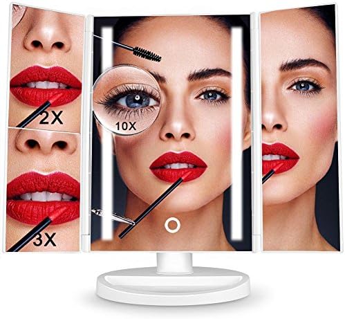 Makeup Mirrors, 24 LED Vanity Mirror with 1X 2X 3X 10X Magnification Trifold Illuminated Cosmetic Mirrors Battery USB Powered 180 Degree Adjustable Rotation Table Countertop Cosmetic Bathroom Mirror