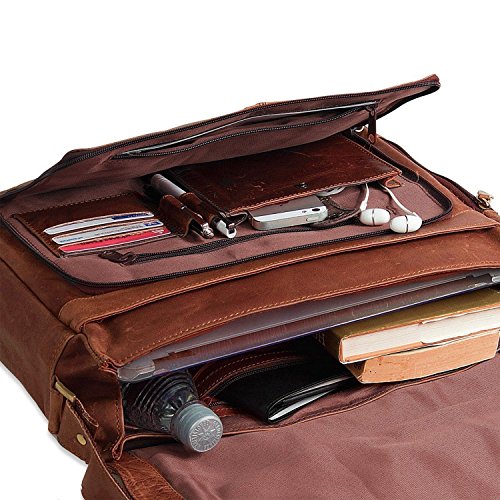Leder Laptoptasche Herren Damen Unitasche Notebook Aktentasche Businesstasche Schultertasche Umhängetasche Groß 17.3 Zoll Büffel Leder, Cognac braun, Hergestellt in Italien - 3