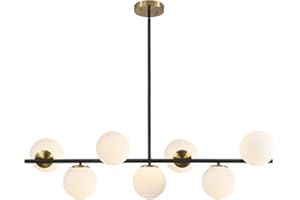 KCO Lámpara colgante lineal de mediados de siglo, moderna lámpara de araña Sputnik de 7 luces, globo de vidrio de leche, isla de cocina, iluminación colgante para comedor, sala de estar, dormitorio