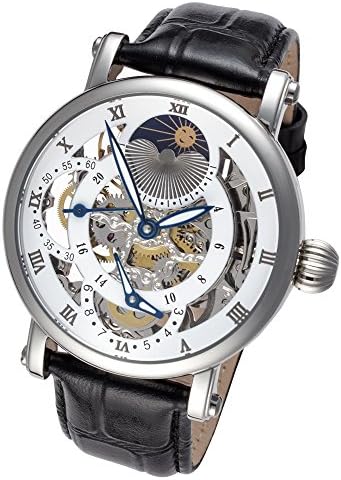Rougois Silver Case and Silver Movement Dual Time Zone with White Accents and Moonphase Display Black Leather Band