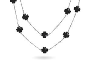 BLING JEWELRY Collier Long De Fleurs Émail Blanc, Rose, Bleu Aqua Et Noir, En Argent Ou En Plaqué Or, Avec Une Chaîne De Stations Émail Nacré, Avec Une Couche De Trèfles Pour Les Femmes De 30 Cm.