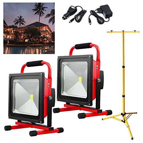 Preisvergleich Produktbild Hengda® 2x50W Rot Warmweiß LED AKKU Strahler Fluter Campinglampe Nachtfischen nächtliche Notreparaturen bei KFZ Werkstatt Baustrahler Handlampen mit Stativ