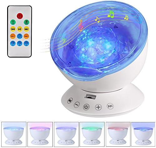 SinoPro Remote Control Ocean Wave Projector Night Light with Built-in Mini Music Player [12 LED Beads, 7 Colorful Light Modes] for Kids Adults Bedroom Living Room - Newest Generation