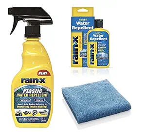 rain-x Plastic Water Repellent - (355 ml) | rain-x Original Glass Treatment Water Repellent (103 ml) | (2 Pack Large Size Combo with Additional Microfibre Cloth - 340 GSM, Size - 40X40 cm)