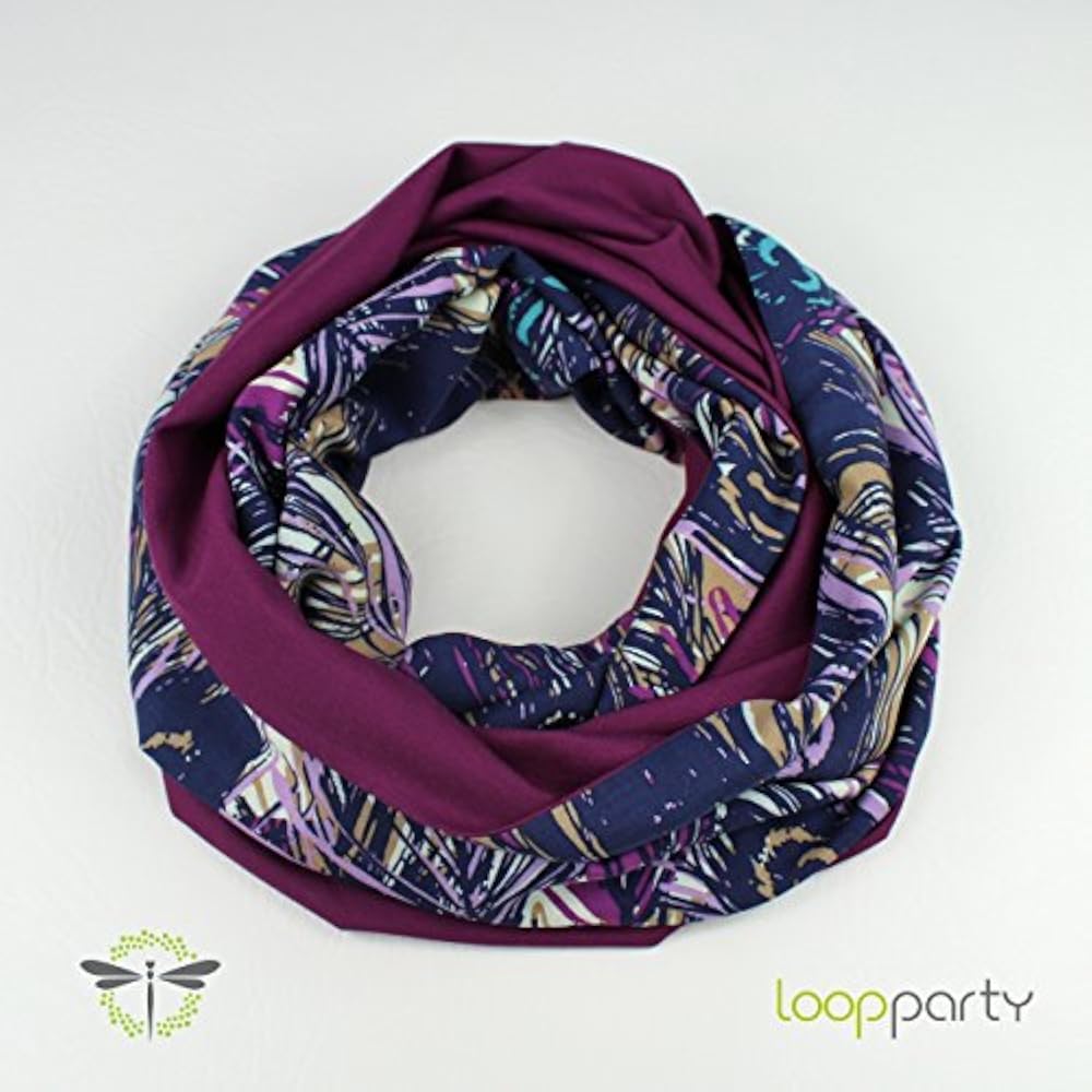 Loop-Schal Damen, zum Wenden: Viskose & schimmernder Jersey, Federn-Motiv