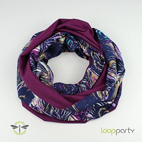 Loop-Schal Damen, zum Wenden: Viskose & schimmernder Jersey, Federn-Motiv