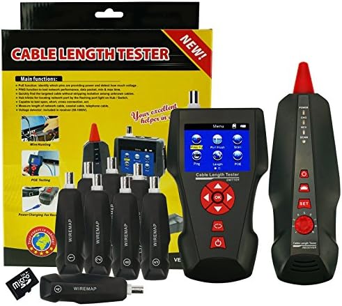 Kibeland Portable Cable Tester Wire Tracker RJ45 RJ11 BNC Cable Length Tester with 8 Remote Identifier POE PING Data Storage Function and Port Flash, Free TF card