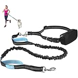 Pecute Hundeleine Bauchleine hund jogging leine Reflektierende Elastische Nylonband 1.5 m mit verstellbarem Hüftgurt und Bauchtasche (Schwarz + Blau)