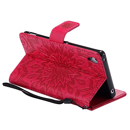 Sony Xperia Z4 Hülle,Sony Xperia Z4 Leder Sonnenblumen Hülle,Sony Xperia Z4 Lanyard Wallet Schutzhülle,BONROY® Retro geprägte Sonnenblumen Muster PU Leder Flip Hülle Wallet Case Tasche Cover Handytasche Schutzhülle Lederhülle Handyhülle in Book Style Stand Case mit Kredit Kartenschlitz für Sony Xperia Z4-rot - 6