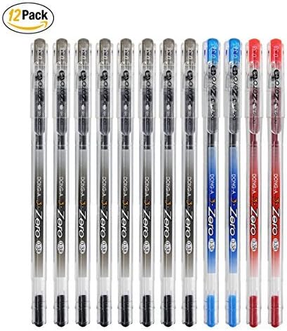 Treeding Gel Ink Rollerball Pens , Dong-a Zero 0.38 mm , Fine Point Fine-Tech Excellent Smooth Writing, Metal Tip Assorted Ink Pen Black Blue Red - 12Pack