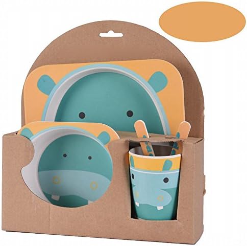 XHW Green Bamboo Fiber Children 'S Tableware Plate Tray Baby Cartoon Rice Bowl Baby Bowls Spoon Fork Cup 5-Piece Suit,D