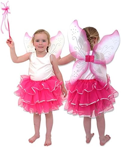 BALLERINA FAIRY Fancy Dress Costume for Kids - Fairy Wings, Wand and Skirt - Hot Pink (3-6 years)