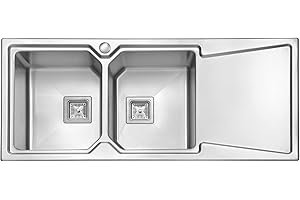 JASSFERRY Brilliant Inset Kitchen Sink 1.2 mm Thickness Stainless Steel Double 2.0 Large Rectangle Bowl Right Hand Drainer Square Strainer Plug Waste Pipe Kit