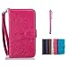 Produktbild HTC One M8 Ledertasche MUTOUREN Schutzhülle Handyhülle Brieftasche Case mit Ständer HalterKartenfächer für HTC One M8 Premium Ledertasche Gepresste Blumen Painted Pattern Hülle Handy Case Dünne Tasche Cover Schutzhülle Schale Tasche-Pfau Blumen Rot + Metall Stylus Pen