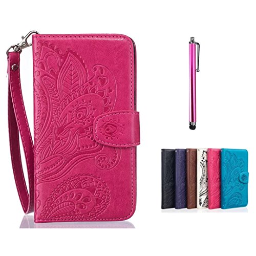 iPhone SE iPhone 5 5S Ledertasche MUTOUREN Schutzhülle Handyhülle Brieftasche Case mit Ständer HalterKartenfächer für iPhone SE 5 5S Premium Ledertasche Gepresste Blumen Painted Pattern Hülle Handy Case Dünne Tasche Cover Schutzhülle Schale Tasche-Pfau Blumen Rot + Metall Stylus Pen