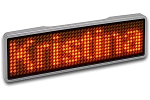 ‎SERTRONICS Sertronics LED programmierbar Namensschild mit digitalem Bewegungsschild, USB wiederaufladbar LED Name Tag, LED Anzeigetafel mit 11x44 Pixel, digital Scrolling, Rahmen silber, LED orange