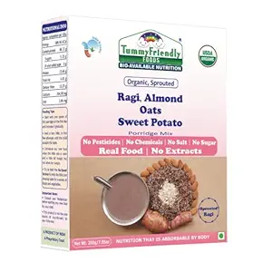 TummyFriendly Foods USDA Certified Organic Sprouted Ragi, Almonds, Oats, Sweet Potato Porridge Mix | Made of Sprouted Ragi Powder | Ragi, Almond Cereal Organic Baby Food for 8 Month Baby | Sprouted Ragi for Calcium, Iron | Maximum Nutrition From Real Food | Available in Trial Baby Packs too | Shelf-life 8 month | 200g