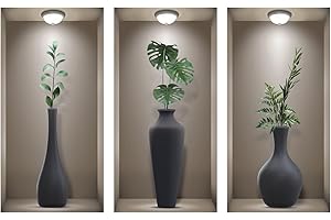 3D Wall Stickers Living Room, TOARTI 3D Wall Art Stickers, Realistic 3D Window View Scenery Wall Sticker, Vase Wall Decal, Plant Wall Stickers for Bedrooms Bathroom Kitchen Wall Decor(Set of 3,8”X16”)
