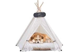 Whiwhi Pets Teepee Dogs Tent with Thick Cushion Cat/Dog Bed Removable and Washable Puppies Play House Cats Tents 60x60x70cm